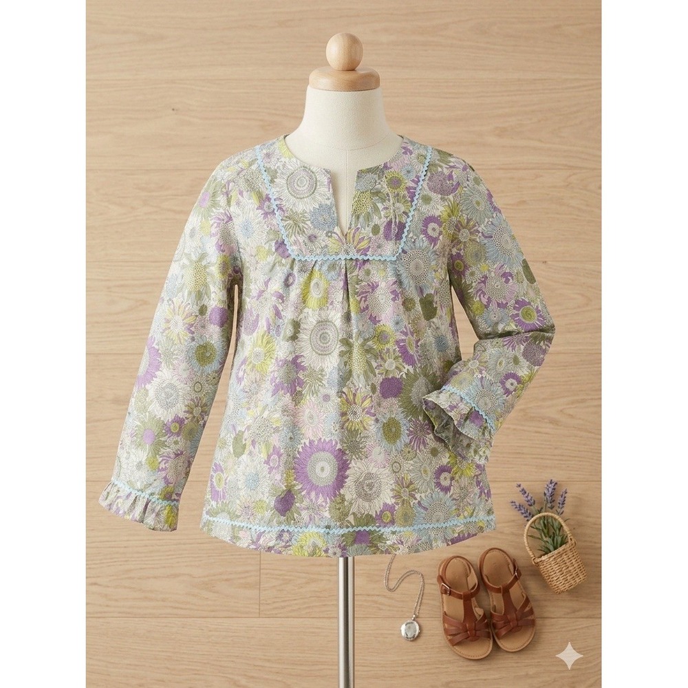 Papo d'Anjo Girls Floral Cotton Blouse Long Sleeve Ric Rac Trim Portugal Size 10